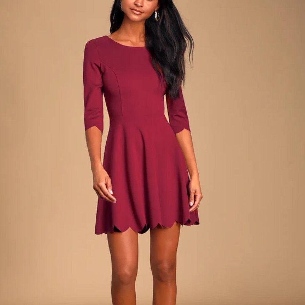 Lulus Cumulonimbus Clouds Burgundy Scalloped Skater Dress S
